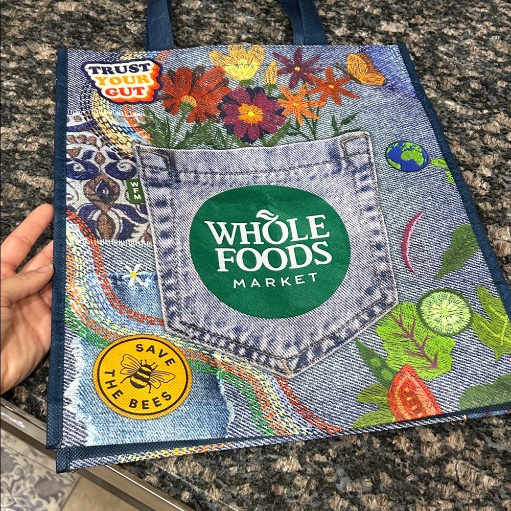 Whole Foods Market reusable shopping bag a denim jeans print-patches and pockets - Picture 5 of 5